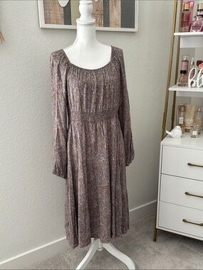 Chic Soul Long-Sleeve Midi Dress in Soft Purple with Brown  Floral Pattern